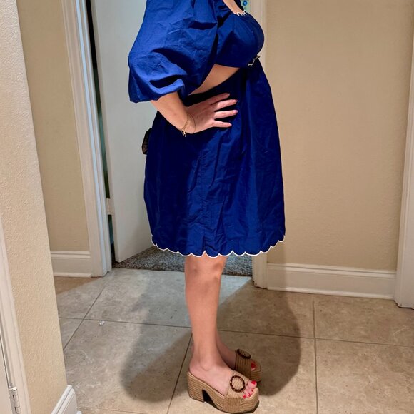Anthropologie Blue Puff Shoulder Mini Dress with White Scallops - Size M - Picture 2 of 6